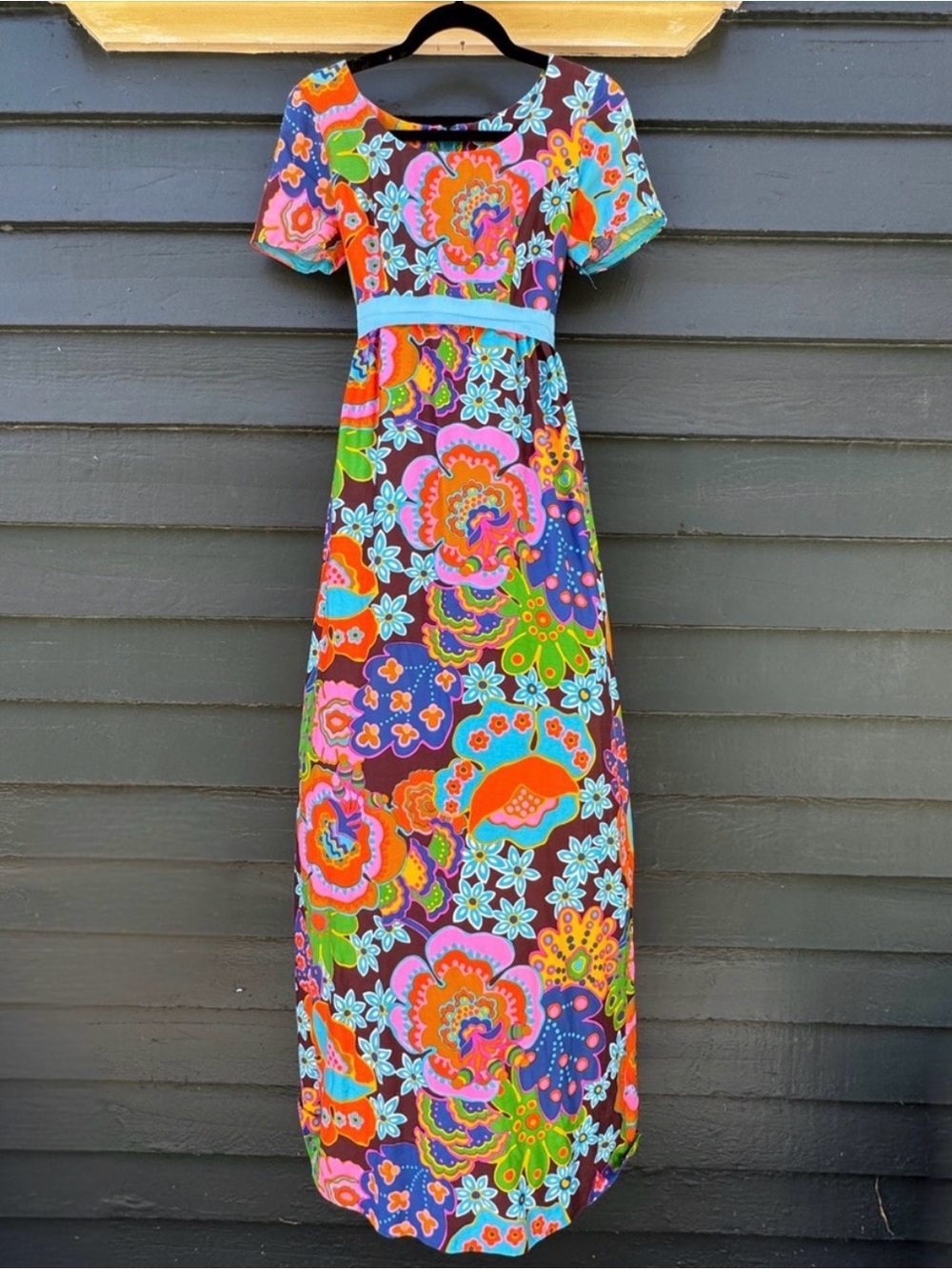 Late 1960s Early 1970s Psychedelic Floral Cotton Maxi Dress Sz XS